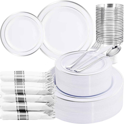 WELLIFE 700 Pieces Gold Plastic Dinnerware Set for 100 Guests - Includes Plates, Cups, Napkins, and Disposable Cutlery - Elegant White & Gold Design, Perfect for Parties and Events