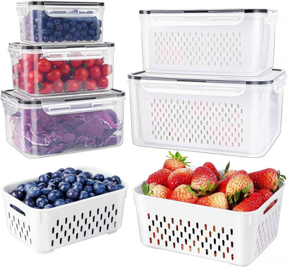 5 PCS Large Fruit Containers for Fridge - Leakproof Food Storage Containers with Removable Colander - Dishwasher & microwave safe Produce Containers Keep Fruits, Vegetables, Berry, Meat Fresh longer