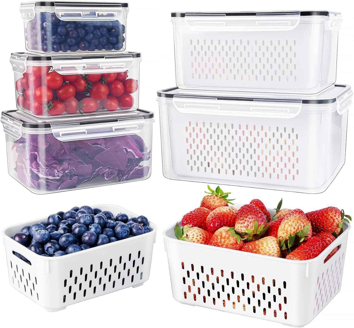 5PCS Large Leakproof Fruit Containers with Removable Colanders Dishwasher and Microwave Safe - Set of 5