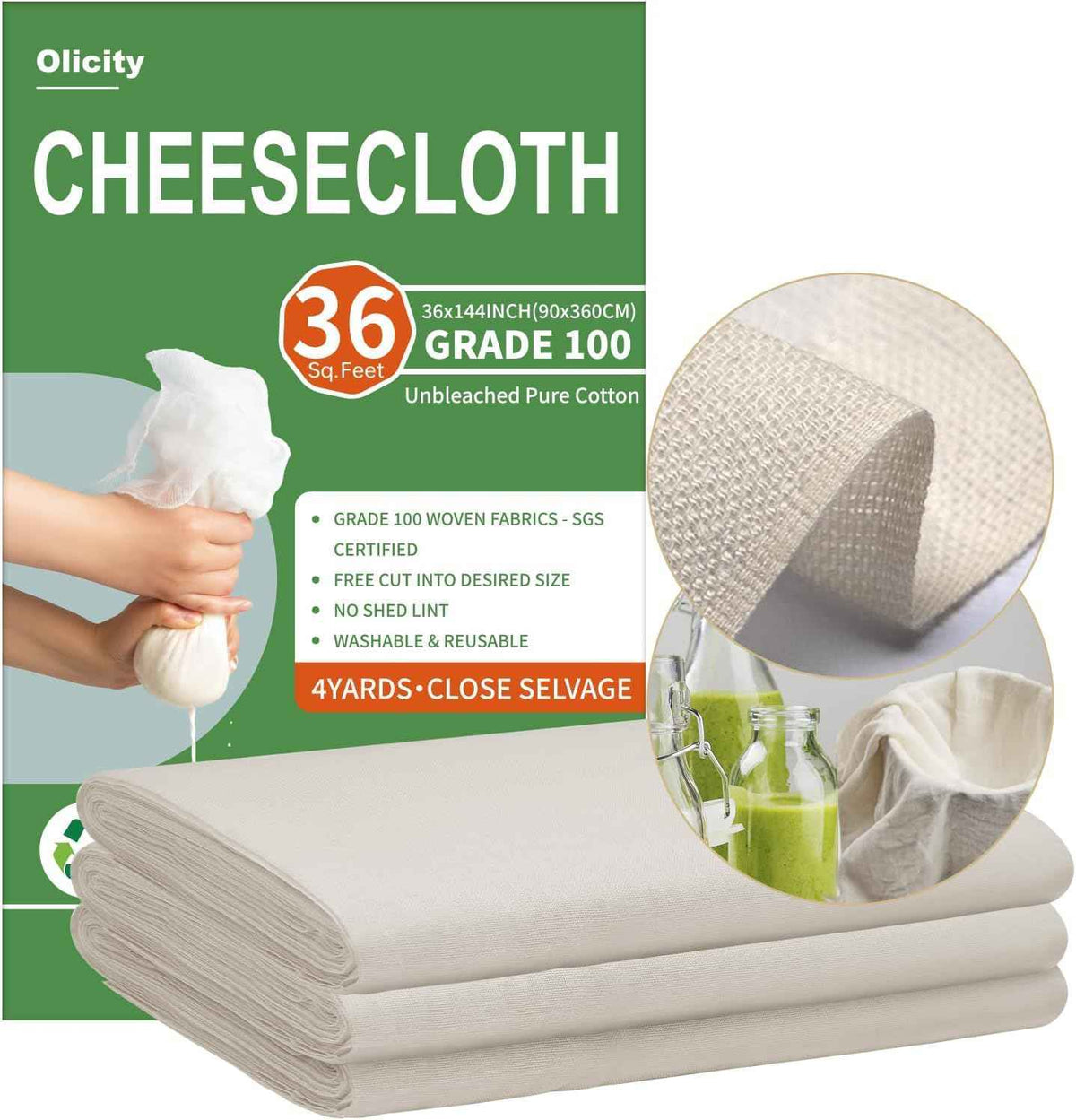 Organic Cheese Cloths, GOTS Certified, Grade 100, 36x36Inch, Reusable Cheese Cloth with Closed Edges Fabric Fine Mesh Cloth, Unbleached Cotton Muslin Cheesecloth for Straining,Cooking,Crafts - 9 Sq.Ft