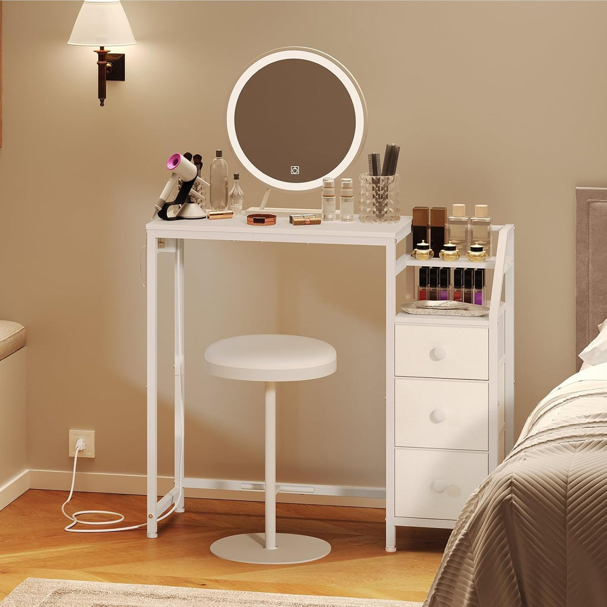 Small Vanity Desk Without Mirror, Makeup Vanity Table with Power Outlet, White Vanity with Fabric Drawers, Dressing Table, for Small Spaces, Bedroom, White