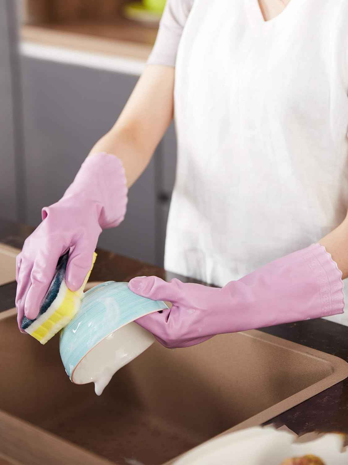 LANON 3 Pairs wahoo Skin-Friendly Cleaning Gloves, Dishwashing Kitchen Gloves with Cotton Flocked Liner, Reusable, Non-Slip, Mauve Mist, Large