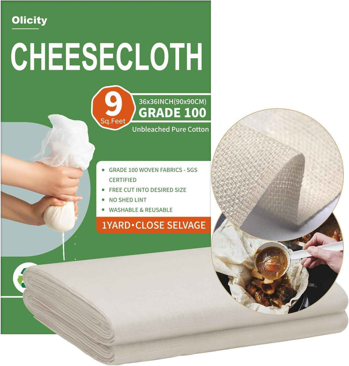 Organic Cheese Cloths, GOTS Certified, Grade 100, 36x36Inch, Reusable Cheese Cloth with Closed Edges Fabric Fine Mesh Cloth, Unbleached Cotton Muslin Cheesecloth for Straining,Cooking,Crafts - 9 Sq.Ft