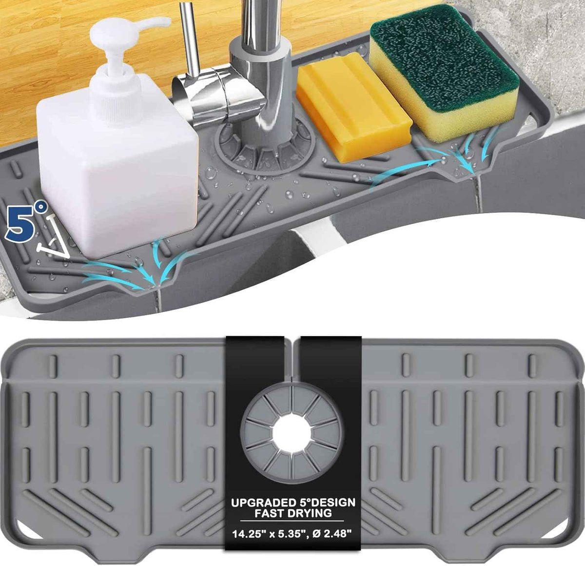BFONS Silicone Faucet Handle Drip Catcher Drying Tray Mat Dish Soap Sponge Holder Accessories Gadgets for Kitchen Counter Bathroom Kitchen Sink Splash Guard -Grey