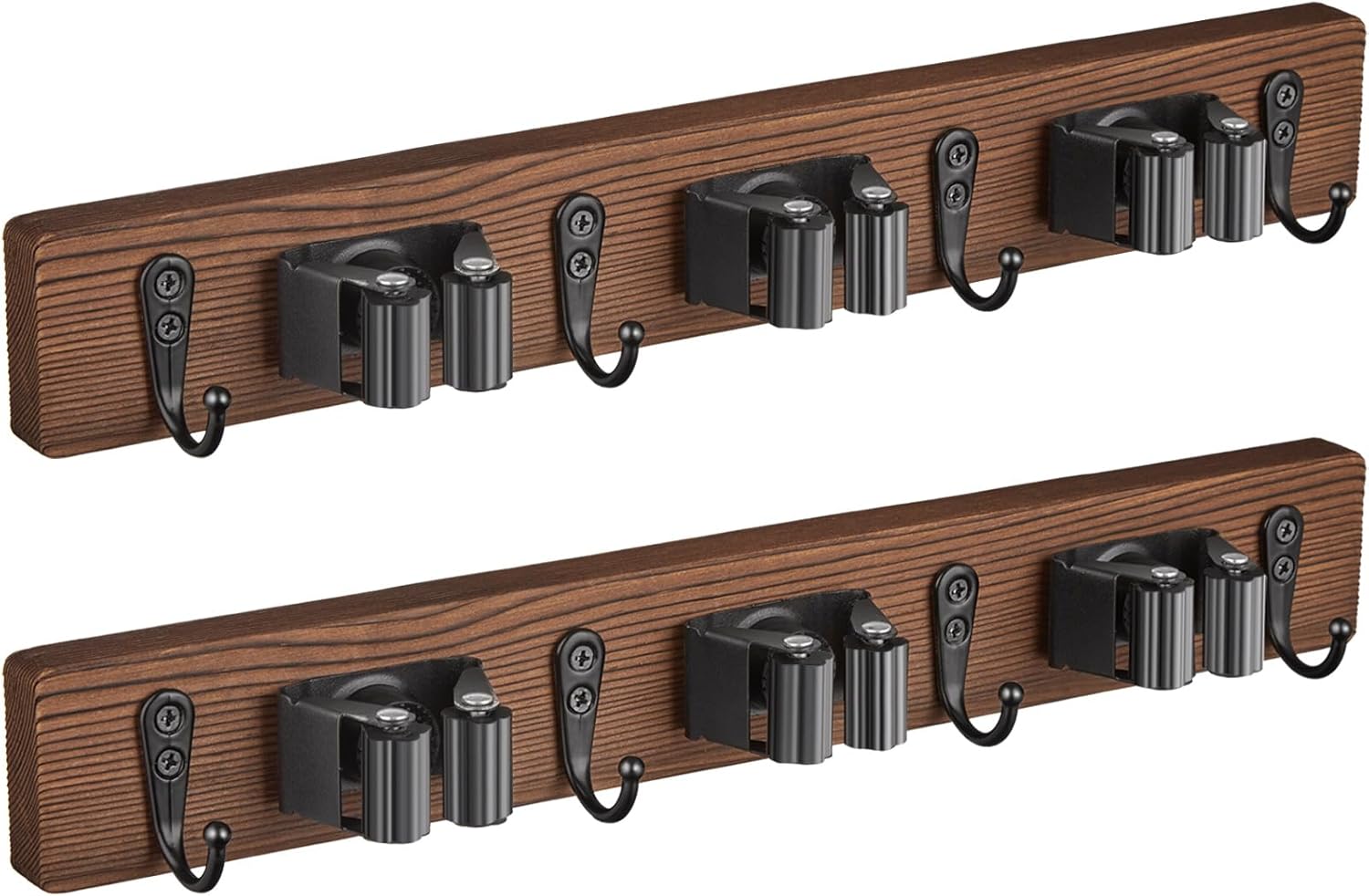 Mop and Broom Holder Wall Mount - Rustic Wood Broom Mop Hanger - Wall Mounted Garden Tool Rack Organizer for Closet Garage Laundry Room Kitchen Decor With 4 Slots & 4 Hooks - Zynora