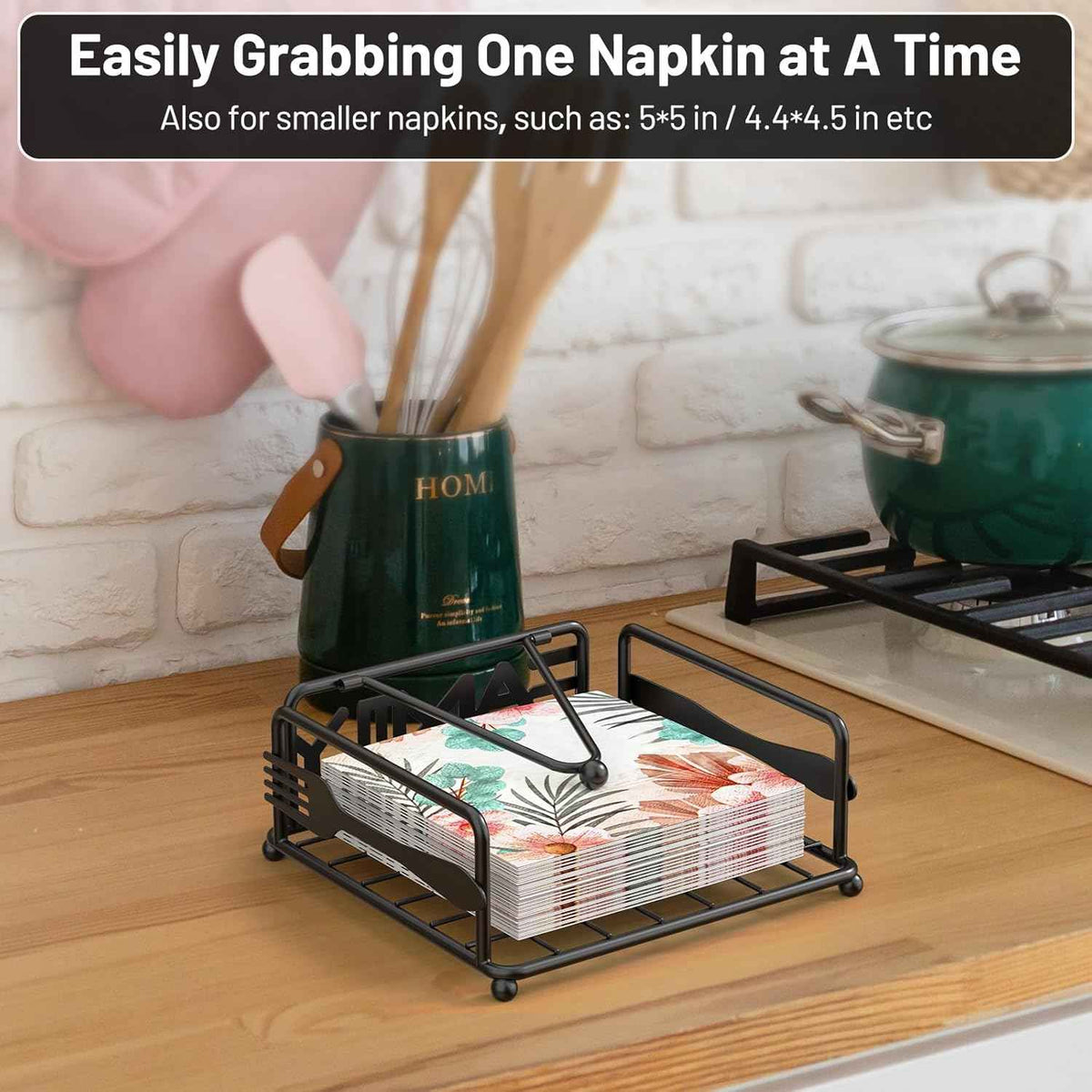 Napkin Holder for Table, Flat Napkin Dispenser with Weighted Arm, Square Cocktail Paper Holder of Elegant Rustic Iron for Kitchen Dining Room Decor Restaurant Farmhouse Hotel Party, Black