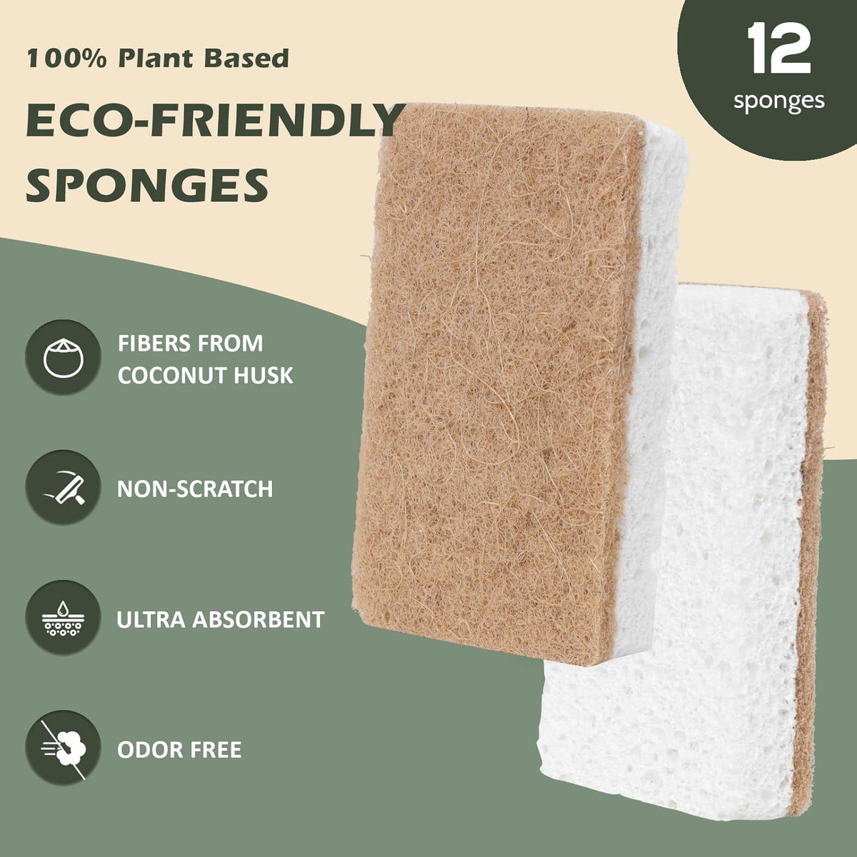 Plant-Based Kitchen Sponges - FSC Certified and PETA Approved, Natural, Eco-Friendly, Biodegradable Sisal Hemp Sponges for Dishes, Cleaning Sponge for Kitchen, Bathroom, Household - 12 Count