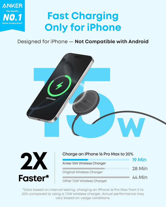 Anker Zolo Magnetic Wireless Charger, 2-Pack Qi2 Certified 15W MagSafe-Compatible Wireless Charging Pad, for iPhone 17/16/15/14/13 Series, AirPods, and More (Not for Pixel, Adapter Not Included)