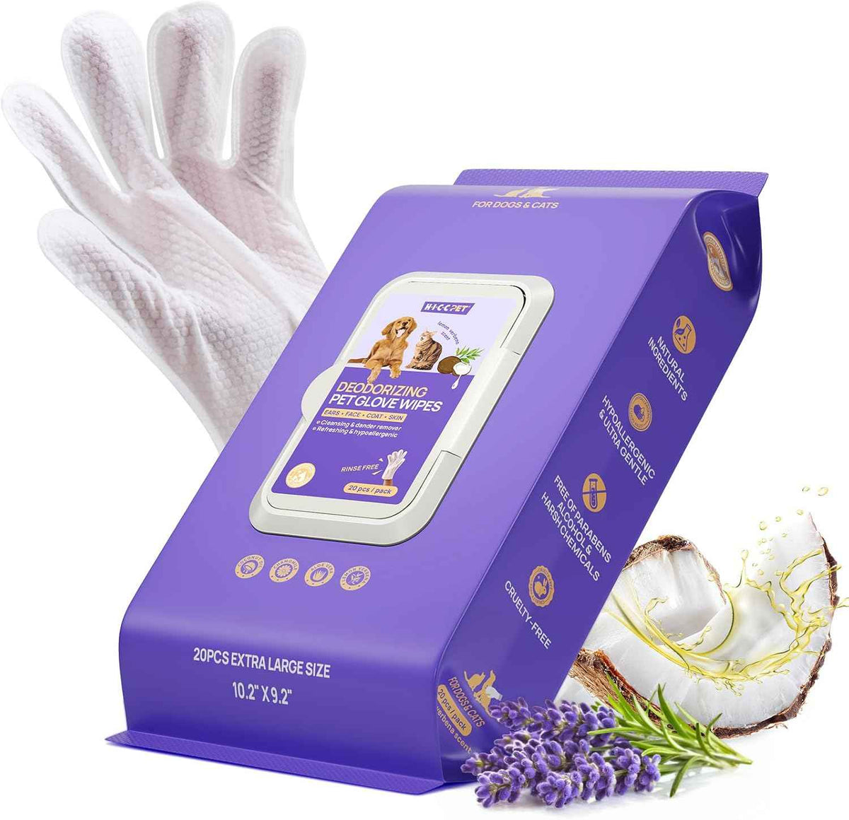 HICC PET Cleaning Deodorizing Glove Wipes for Dogs & Cats, Vet Recommended Hypoallergenic Pet Cleaning and Hydrating Glove Wipes, Nourish Fur Coconut Oil Pet Bathing Wipes for Horse Coat Care