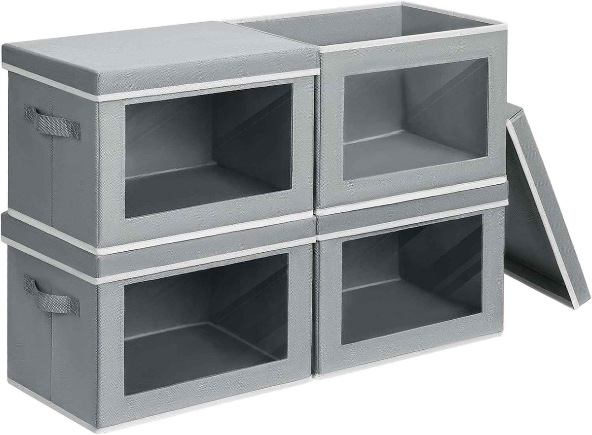 Storage Bins with Lids - Fabric Closet Storage Bins with Window, Collapsible Baskets for Shelves 4 Pack, Home Decorative Boxes for Clothes, Closet, Office, Grey