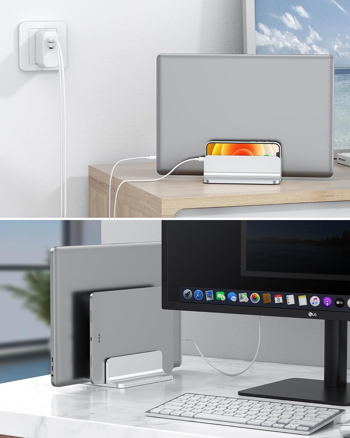 OMOTON [Updated Dock Version] Vertical Laptop Stand, Double Desktop Stand Holder with Adjustable Dock (Up to 17.3 inch), Fits All MacBok/Surface/Samsung/HP/Dell/Chrome Book (Silver)