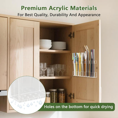 9.5” Large Acrylic Straw Holder for Cabinet Door - Reusable Tumbler Straw Organizer Storage, Small Kitchen Accessories Container, Ultra Sticky Cupboard Door Mounted (Transparent)