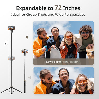 Sensyne 72" Extendable Tripod for iPhone & Selfie Stick with Detachable Phone Holder & Wireless Remote, Compatible with All Cell Phones, Black