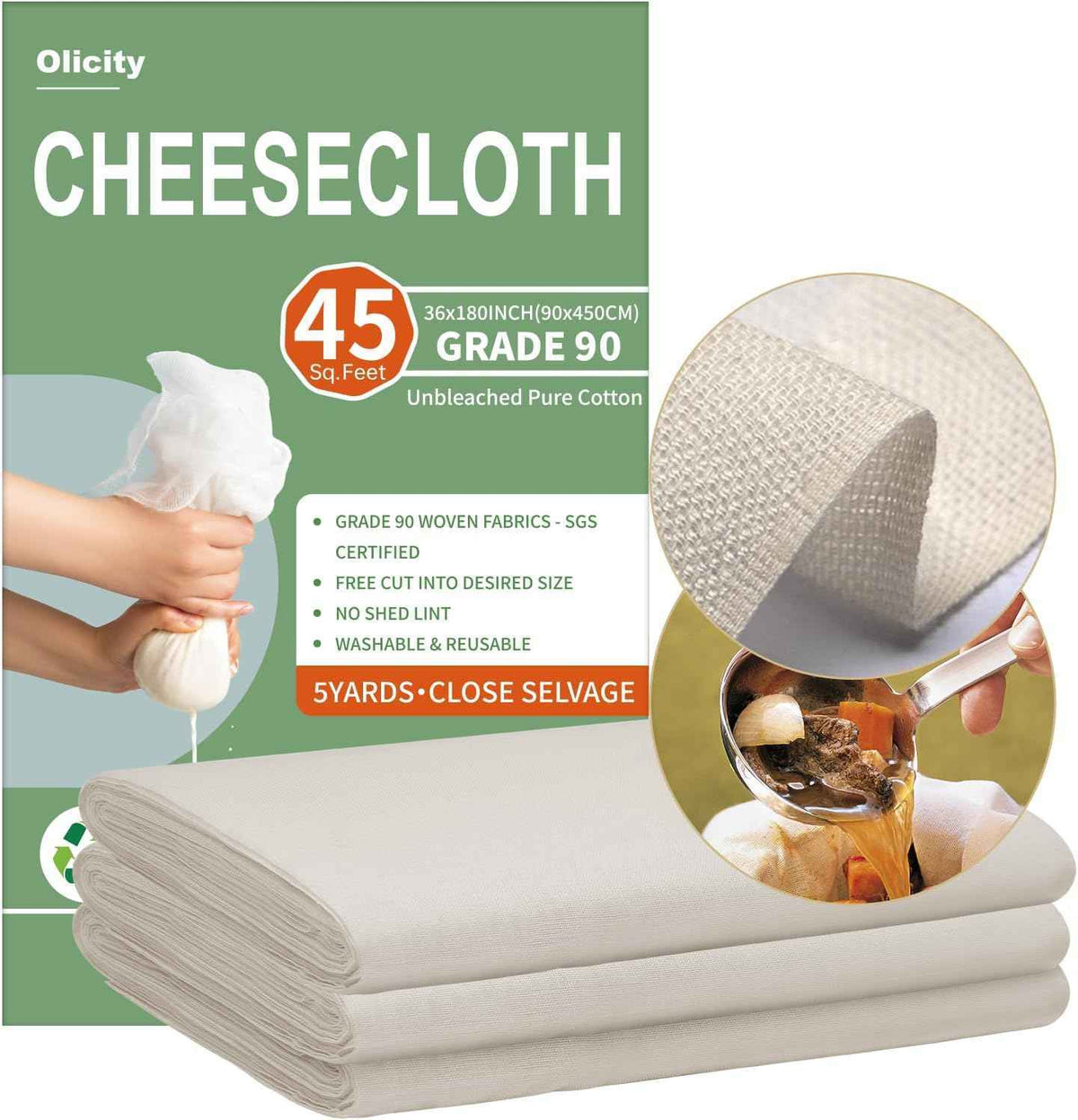 Organic Cheese Cloths, GOTS Certified, Grade 100, 36x36Inch, Reusable Cheese Cloth with Closed Edges Fabric Fine Mesh Cloth, Unbleached Cotton Muslin Cheesecloth for Straining,Cooking,Crafts - 9 Sq.Ft