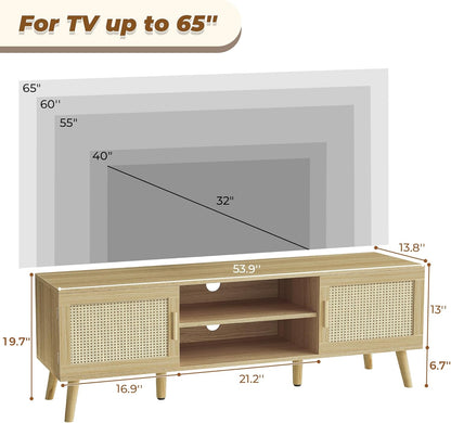 SUPERJARE Boho TV Stand for 65 Inch TV, Entertainment Center with Adjustable Shelf, Rattan TV Console with 2 Cabinets, Media Console, Solid Wood Feet, 4 Cord Holes, for Living Room - Natural, 8782T