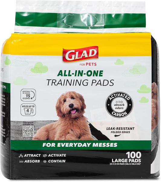 Glad for Pets Black Charcoal Puppy Pads, 23"x23" Disposable Pee Pad That Absorbs & Neutralizes Urine Instantly, Activated Carbon Training Pads For Dogs, Potty Training Supplies - 100 Count