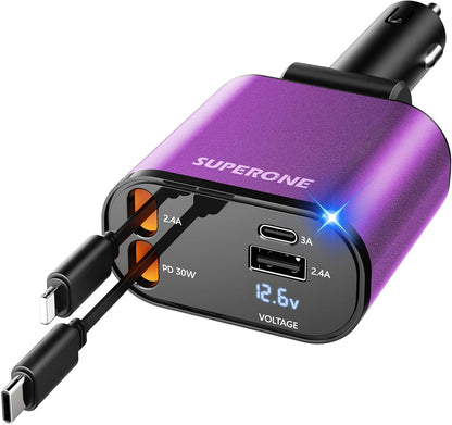 【Upgraded】 SUPERONE Retractable Car Charger 4 in 1, Fast Car Phone Charger with Cord 2.6ft, USB C and Apple Car Adapter, Compatible with iPhone 17 16 15/15 Pro Max/14/13/12/11, Galaxy, Pixel - Rayz Mart