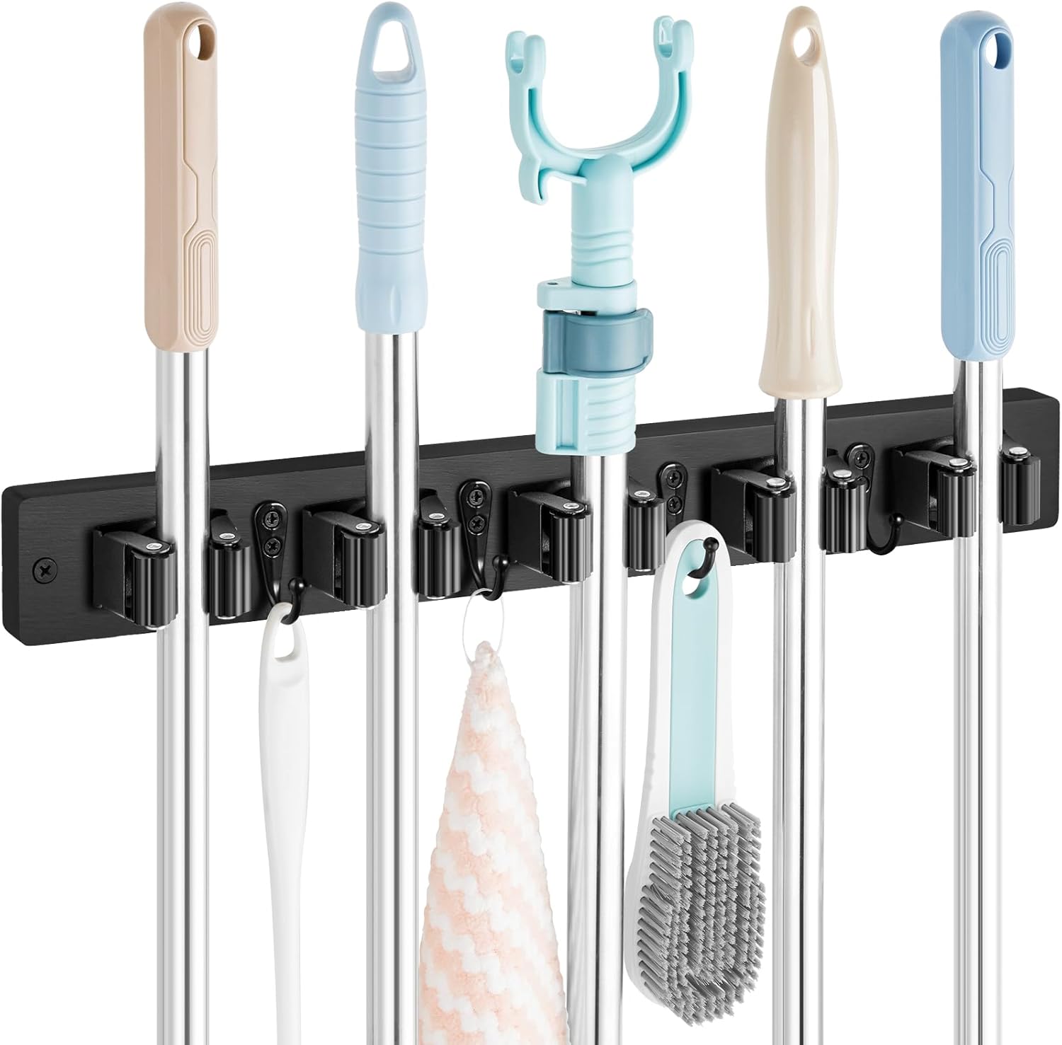 Mop and Broom Holder Wall Mount - Rustic Wood Broom Mop Hanger - Wall Mounted Garden Tool Rack Organizer for Closet Garage Laundry Room Kitchen Decor With 4 Slots & 4 Hooks - Zynora