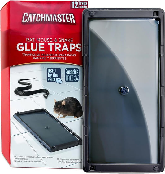 Catchmaster Rat, Snake and Mouse Traps 12Pk, Large Bulk Glue Rat Traps for Home, Adhesive Plastic Tray for Inside House, Snake, Mice, & Spider Catcher, Pest Control for House & Garage