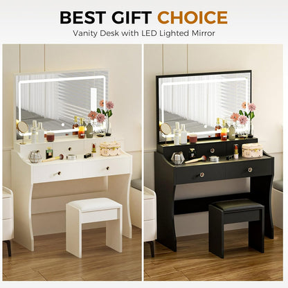 COMHOMA Makeup Vanity Desk with Mirror and Lights, Vanity Table and Chair Set with 5 Drawers and Charging Station, Bedroom Dresser LED Mirror Stepless Dimmable & 3 Color Modes Adjustable, White