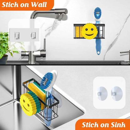 Sponge Holder Smiley Face,Sink Caddy,Sink Organizer with 2 Suction Cups/1 Adhesive Strips,Designed for Sponge,Soap,Dish Brush,Scrubber - Black