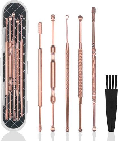 Hion 6 Pcs Extended Ear Wax Removal Kit,Professional Double-Headed Ear Pick Earwax Removal Tools,316L Stainless Steel Ear Cleaner Curette with Cleaning Brush and Storage Box,Suit for Kid Adult(Gold)