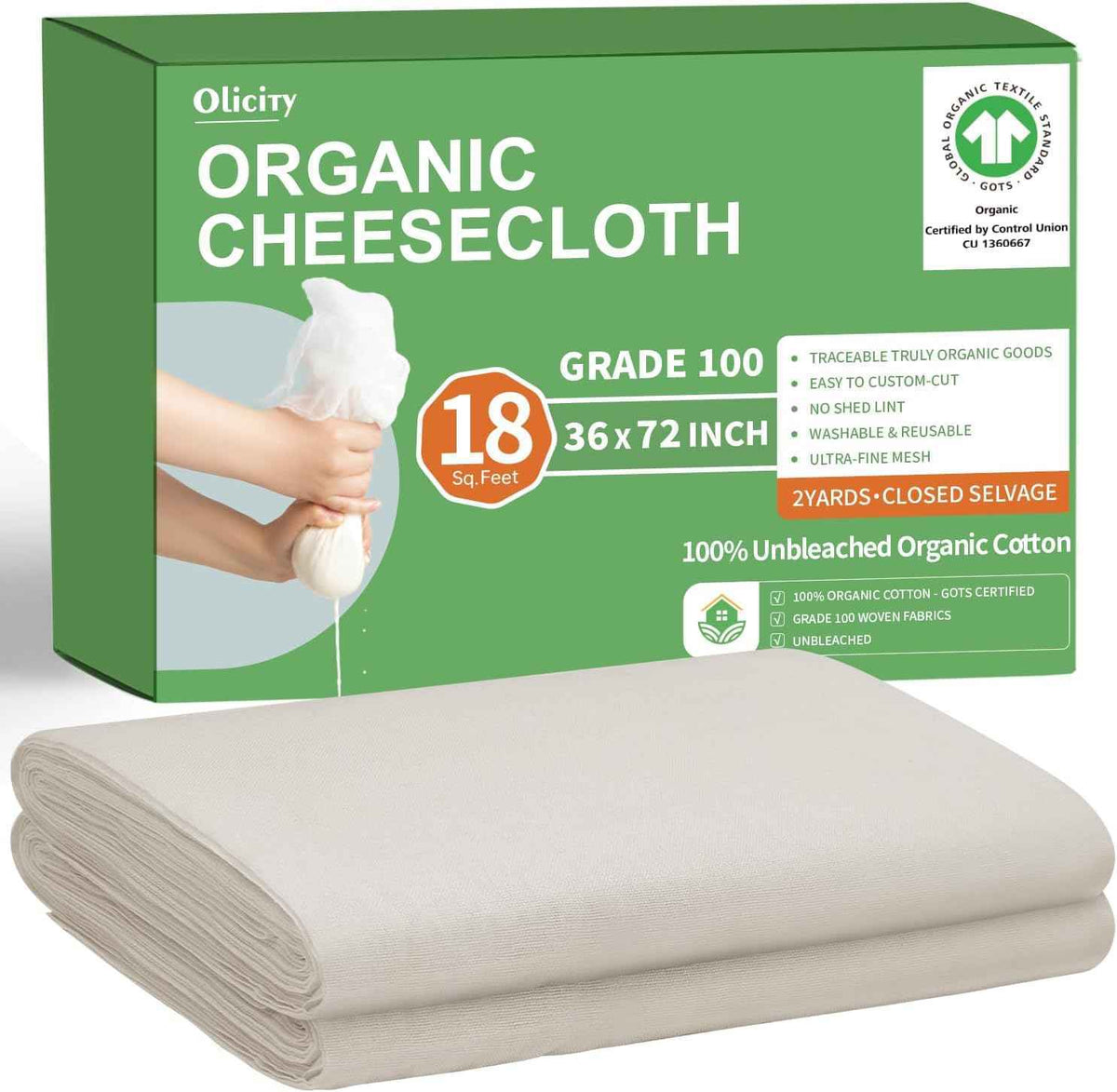 Organic Cheese Cloths, GOTS Certified, Grade 100, 36x36Inch, Reusable Cheese Cloth with Closed Edges Fabric Fine Mesh Cloth, Unbleached Cotton Muslin Cheesecloth for Straining,Cooking,Crafts - 9 Sq.Ft
