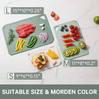 Plastic Cutting Board Set of 3-Cutting Boards for Kitchen BPA Free, Large-Small Chopping Boards Non-Slip for Cooking Camping Dishwasher Safe, Reversible, with Grip Handle, 15"×10"×0.6" Green