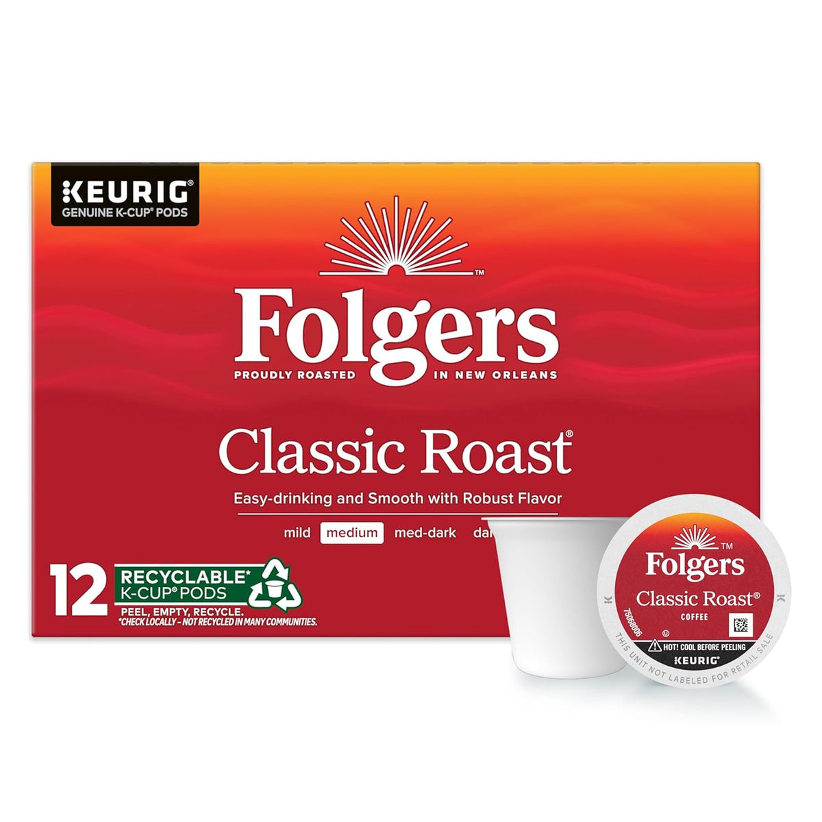 Folgers Classic Roast, 12-Count Medium Roast Coffee K-Cup Pods, 6-Pack