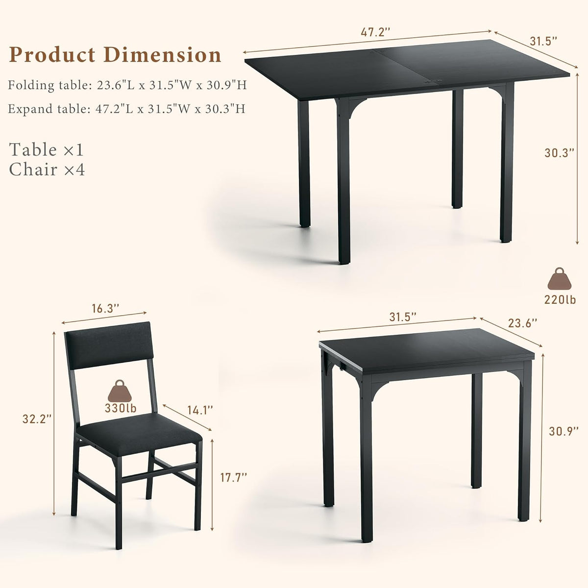 Dining Table Set for 4, Extendable Kitchen Table Cushion Chairs Set of 4, Rectangle Dining Table with Metal Frame & MDF Board, Folding for Small Apartment Saving Space, Black