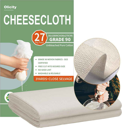 Organic Cheese Cloths, GOTS Certified, Grade 100, 36x36Inch, Reusable Cheese Cloth with Closed Edges Fabric Fine Mesh Cloth, Unbleached Cotton Muslin Cheesecloth for Straining,Cooking,Crafts - 9 Sq.Ft