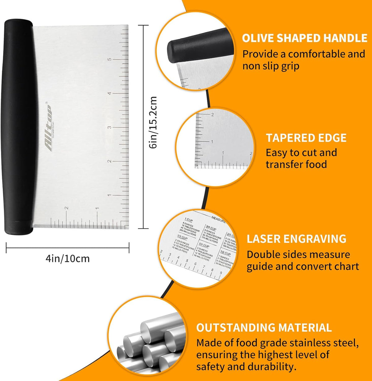 ALLTOP Bench Scraper & Chopper for Kitchen - Ideal Baking Essential Utensil,Stainless Steel Pastry/Dough/Food Cutter Tool for Cake Pizza Bread,Cooking - 1 Pack,Black