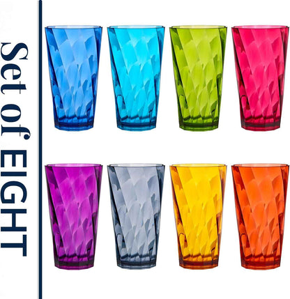 US Acrylic Optix Plastic Reusable Drinking Glasses (Set of 8) 20oz Water Cups in Jewel Tone Colors | BPA-Free Tumblers, Made in USA | Top-Rack Dishwasher Safe