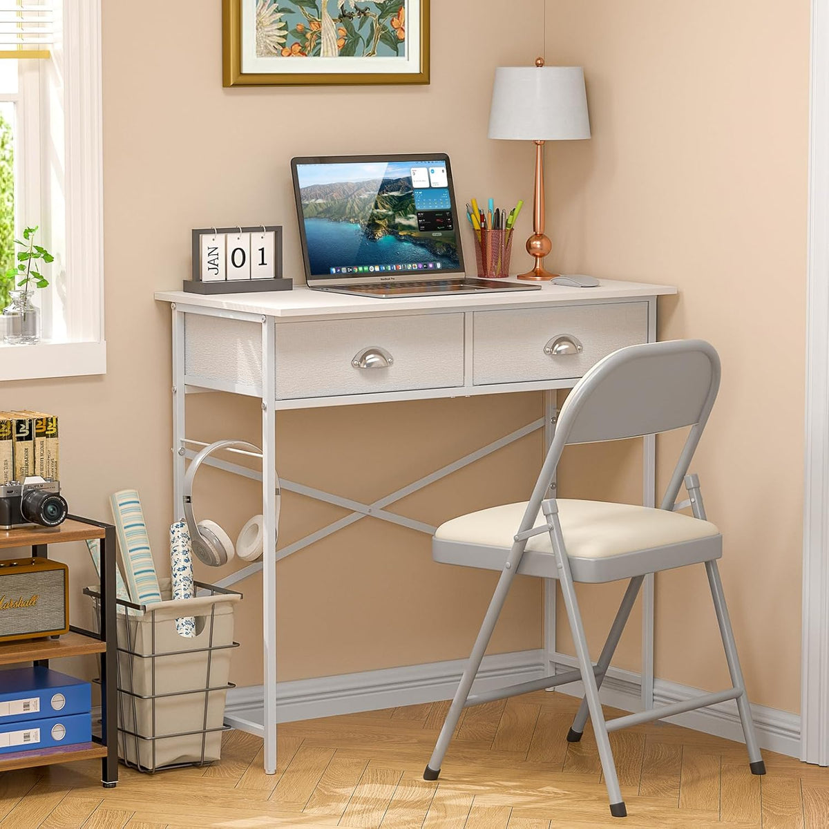 Small Writing Desk for Kids Bedroom, 31.5 Inch White Computer Desk for Small Spaces, Simple Desk with 2 Fabric Drawers for Home Office, Dorm, Living Room, Home Study Table, White