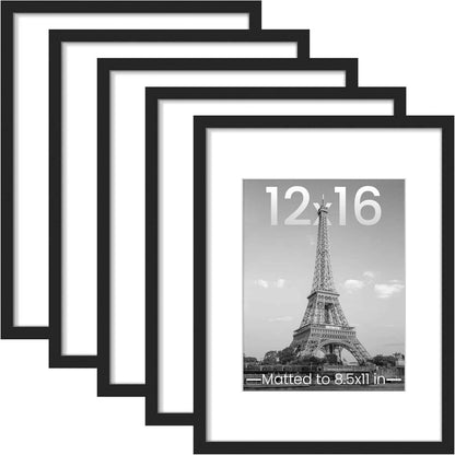 upsimples 11x14 Picture Frame Set of 5, Display Pictures 8x10 with Mat or 11x14 Without Mat, Wall Gallery Photo Frames, Black