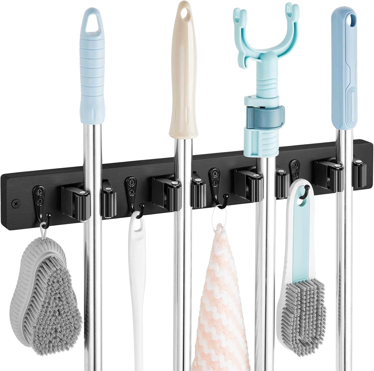 Mop and Broom Holder Wall Mount - Rustic Wood Broom Mop Hanger - Wall Mounted Garden Tool Rack Organizer for Closet Garage Laundry Room Kitchen Decor With 4 Slots & 4 Hooks - Zynora