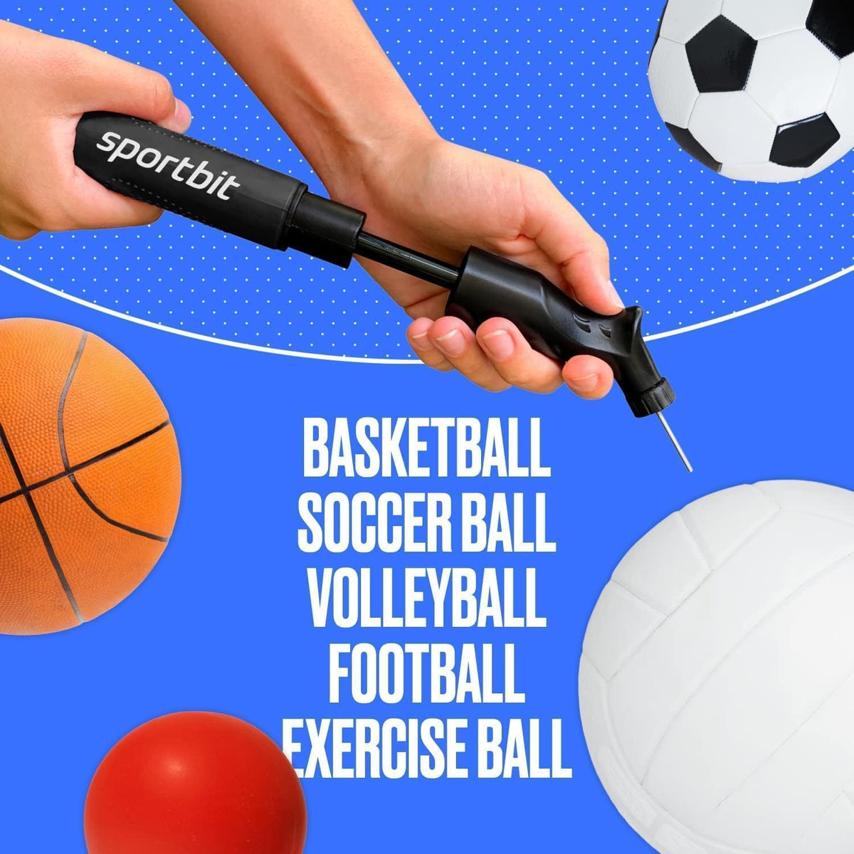 SPORTBIT Ball Pump for Sports Balls - Push & Pull Inflating System - Hand Pump for All Exercise Balls - Volleyball Pump, Basketball Inflator, Football & Soccer Ball Air Pump - Goes with 5 Needles Set