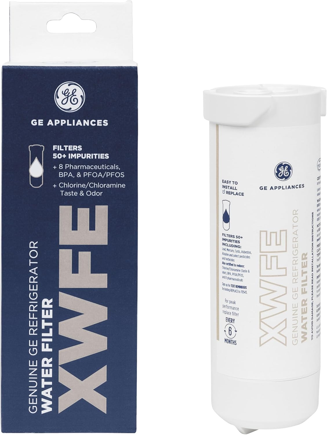 GE XWFE Refrigerator Water Filter, Genuine Replacement Filter, Certified to Reduce Lead, Sulfur, and 50+ Other ImPLrities, Replace Every 6 Months for Best Results, Pack of 1