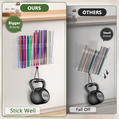 9.5” Large Acrylic Straw Holder for Cabinet Door - Reusable Tumbler Straw Organizer Storage, Small Kitchen Accessories Container, Ultra Sticky Cupboard Door Mounted (Transparent)