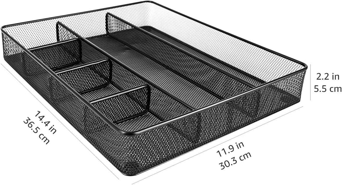 Amazon Basics Desk Drawer Organizer for Office and Home, Metal Mesh, Anti-Slip, 6 Compartments, Black