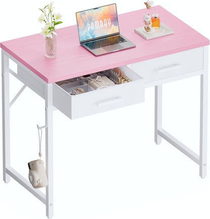 Pamray 32 Inch Small Computer Desk with 2 Drawers for Bedroom Study Writing Home Office Table for Small Spaces Pink