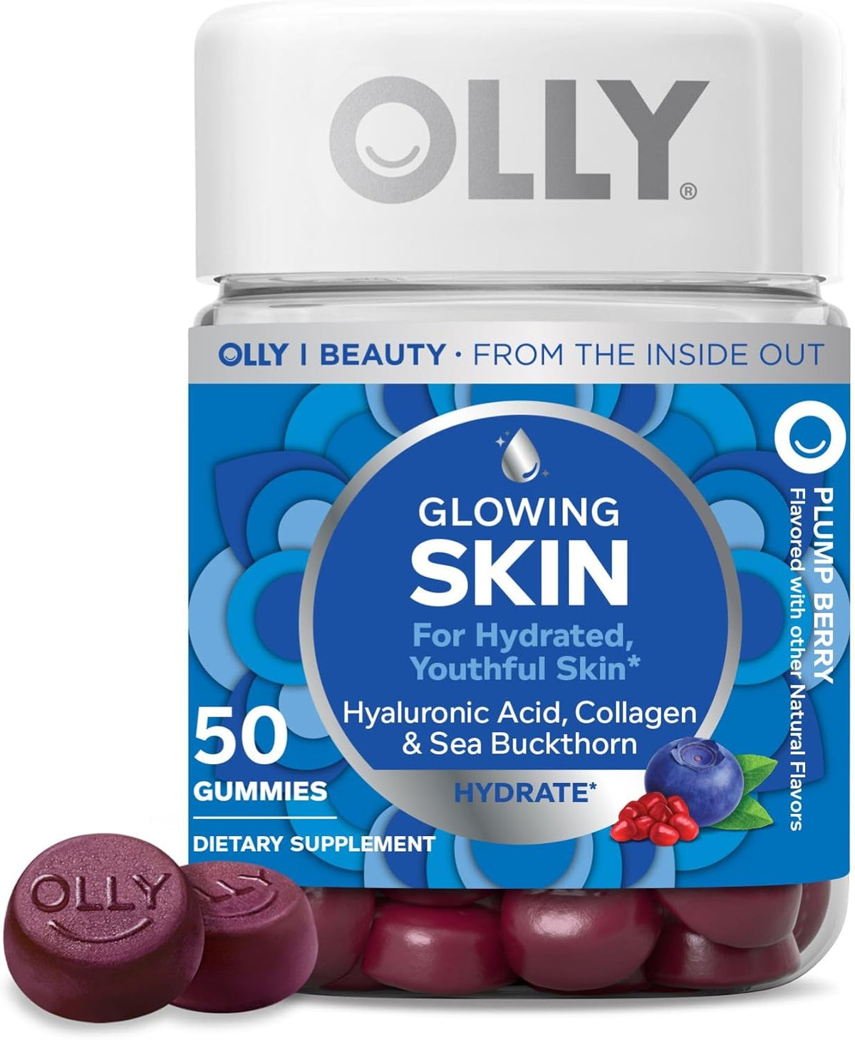 OLLY Glowing Skin Gummy, Hydrated & Youthful Skin,* Hyaluronic Acid, Collagen Peptides, Sea Buckthorn, Plump Berry Flavor, 25 Day Supply - 50 Count