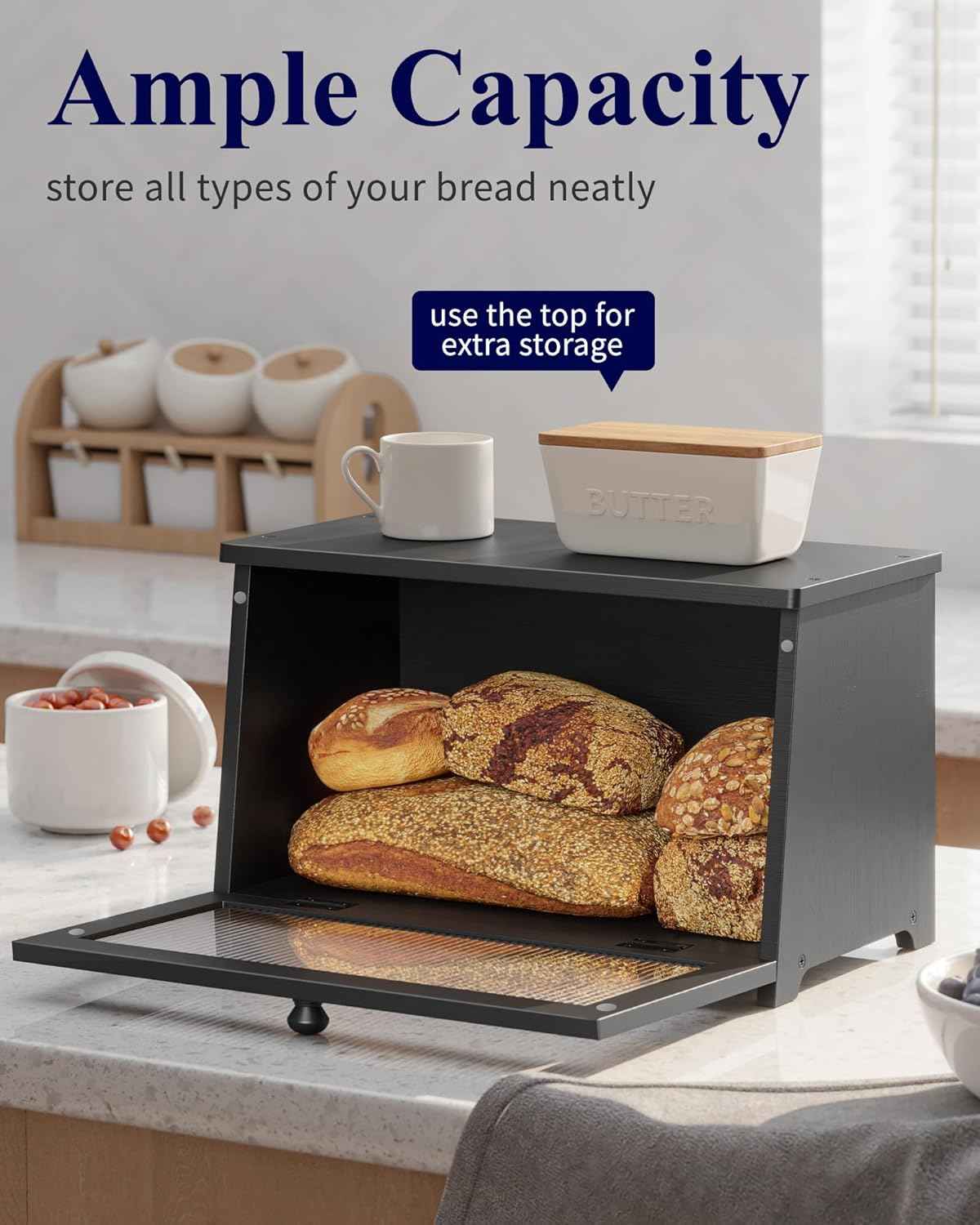 Kitsure Bread Box - Wooden Bread Box for Kitchen Countertop, Large Capacity Kitchen Countertop Organizer, Stylish Bread Storage with Window, Multi-functional Container, Black, 15.0"x8.3"x9.1" (1T)
