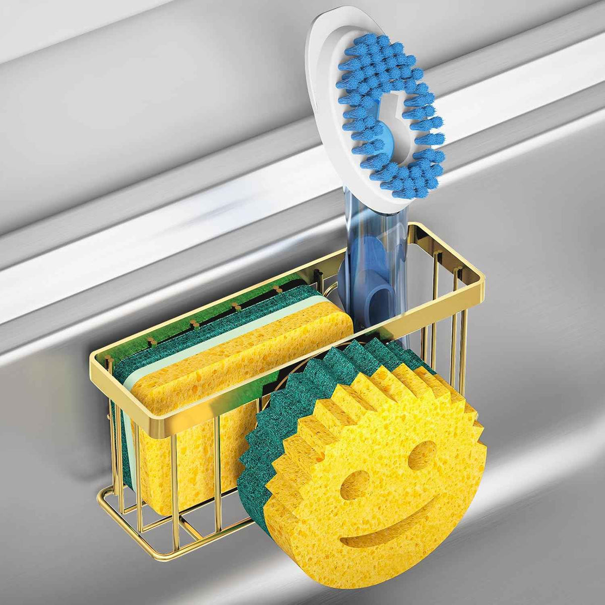 Sponge Holder Smiley Face,Sink Caddy,Sink Organizer with 2 Suction Cups/1 Adhesive Strips,Designed for Sponge,Soap,Dish Brush,Scrubber - Black