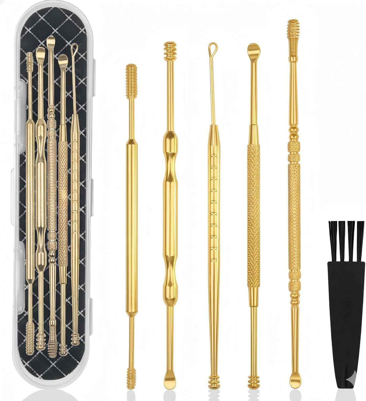 hion 6 pc extended ear wax removal kit with 316l stainless steel curette and cleaning brush for kid adult gold