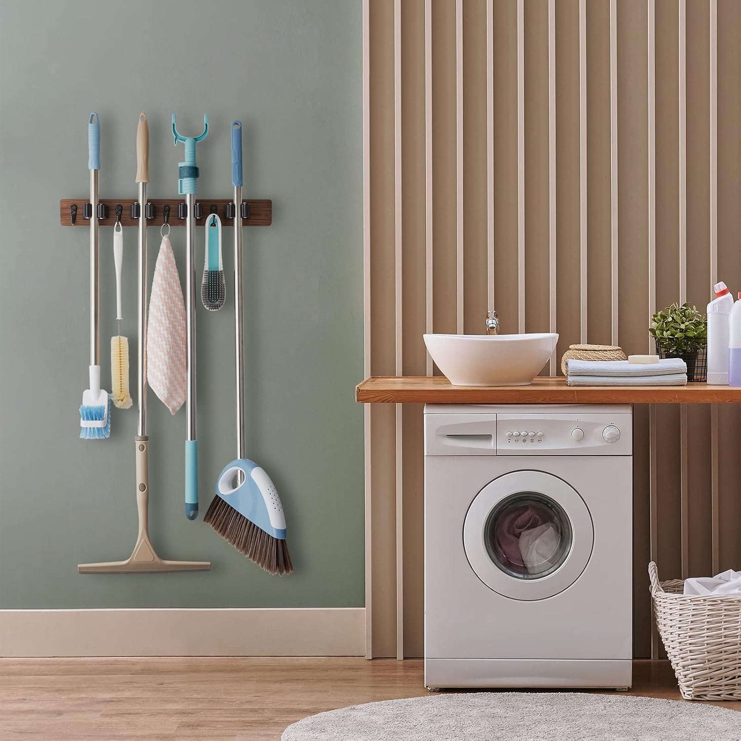 Mop and Broom Holder Wall Mount - Rustic Wood Broom Mop Hanger - Wall Mounted Garden Tool Rack Organizer for Closet Garage Laundry Room Kitchen Decor With 4 Slots & 4 Hooks - Zynora