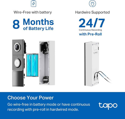 Tapo 2K+ smart doorbell with 180° view, person/vehicle/package detection, 2-way audio, battery up to 8 months, D225