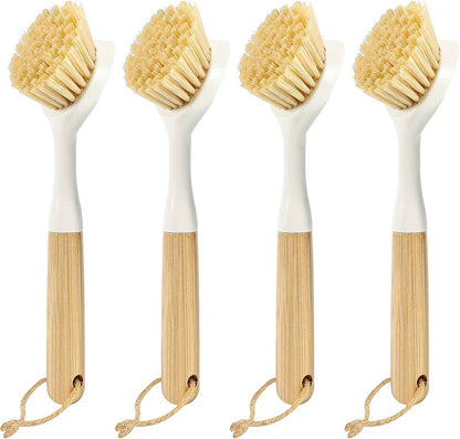 Bamboo Dish Scrubber Brush Set - 4 Pack with Built-in Scraper for Pots, Sinks