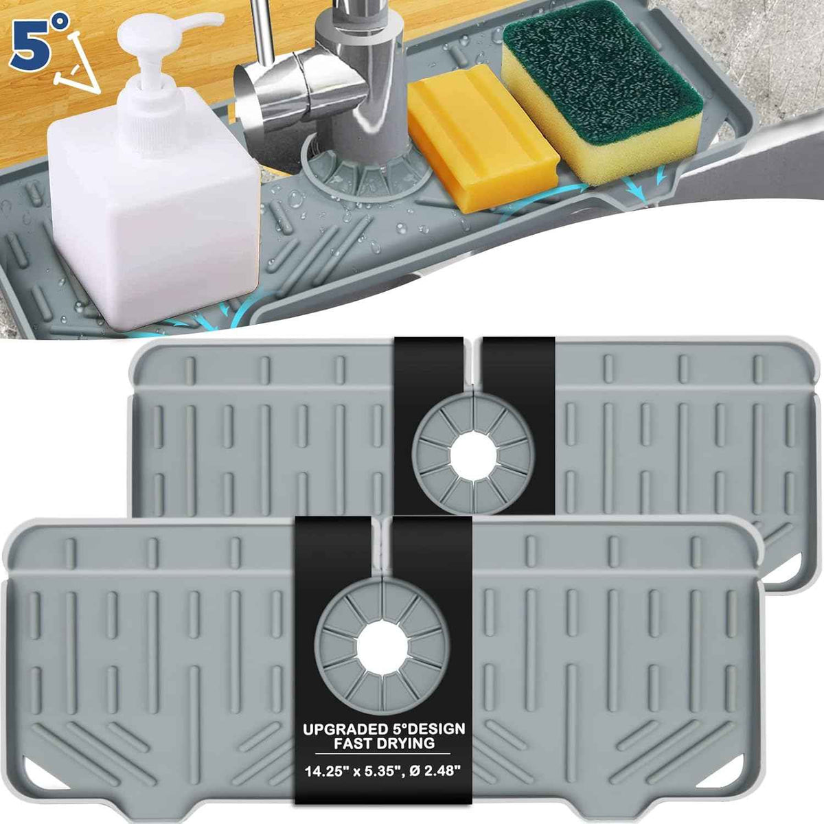 BFONS Silicone Faucet Handle Drip Catcher Drying Tray Mat Dish Soap Sponge Holder Accessories Gadgets for Kitchen Counter Bathroom Kitchen Sink Splash Guard -Grey