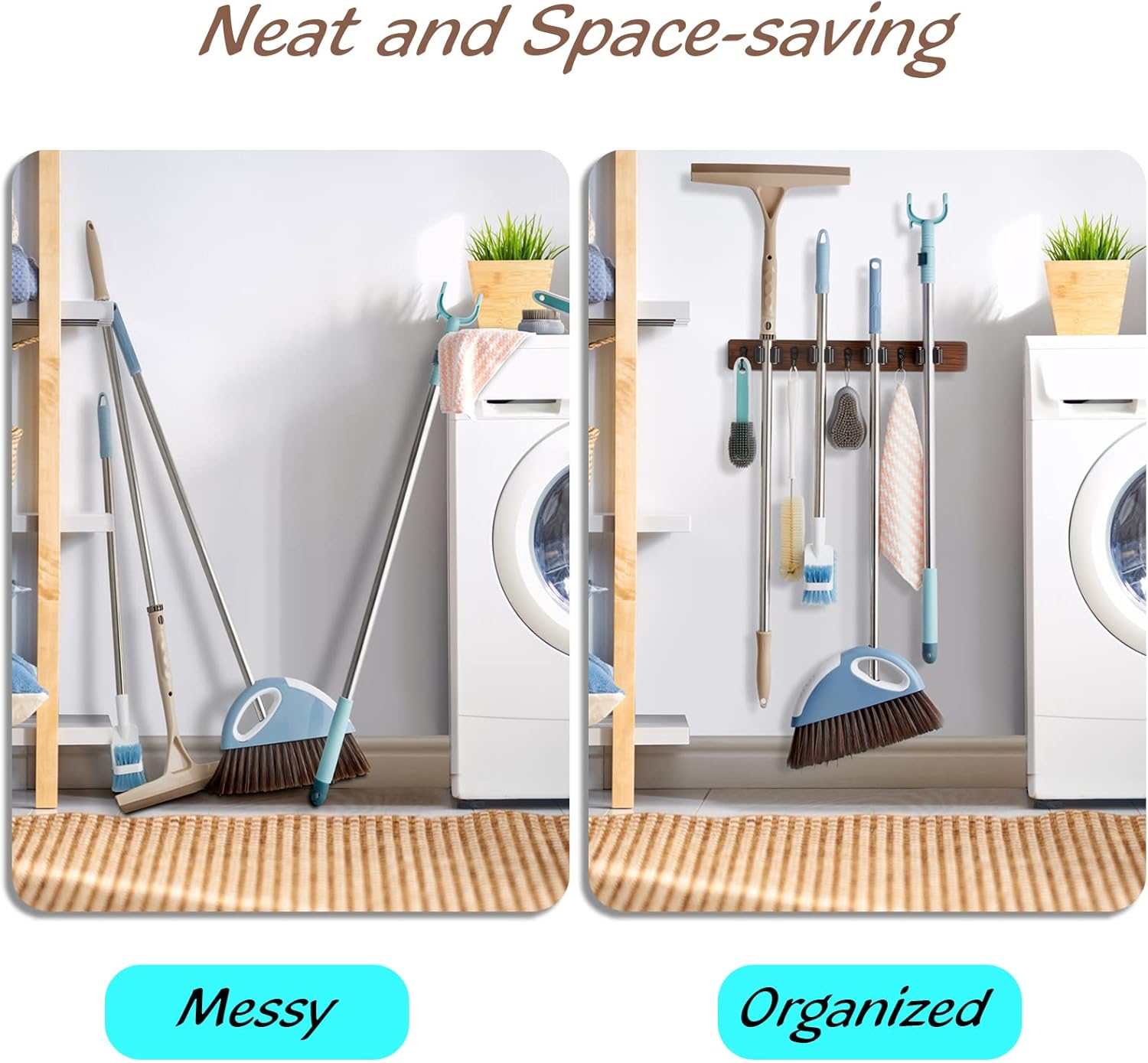 Mop and Broom Holder Wall Mount - Rustic Wood Broom Mop Hanger - Wall Mounted Garden Tool Rack Organizer for Closet Garage Laundry Room Kitchen Decor With 4 Slots & 4 Hooks - Zynora